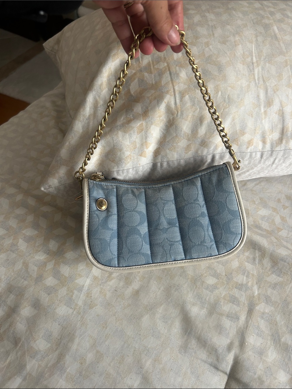 Coach Light Blue Quilted Mini Shoulder Bag with Gold Chain
